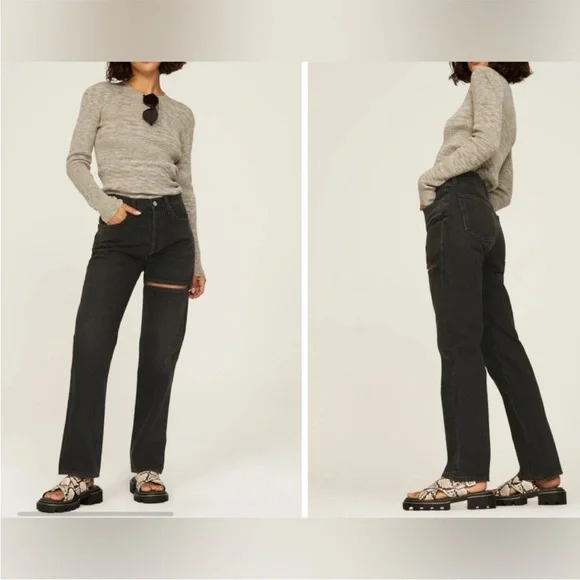 AGOLDE Lana Slice Mid-rise Straight-leg Jeans Distressed Black Gray Leg Hole - Picture 16 of 16